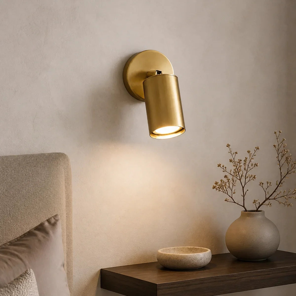 BrassAura one-head brass adjustable wall spotlight in a warm lifestyle setting