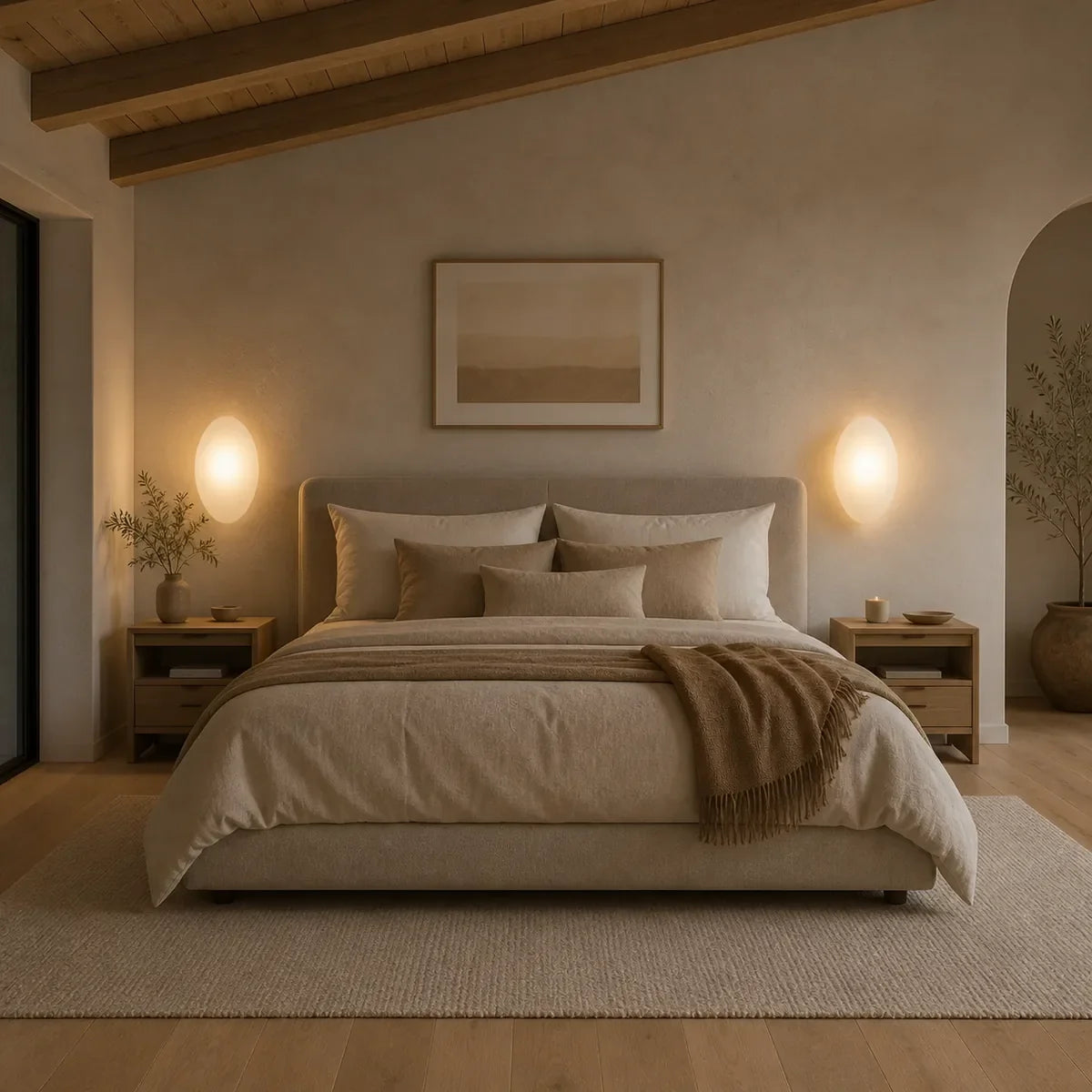 Two BubbleGlass Model A white wall sconces in a wide Japandi bedroom