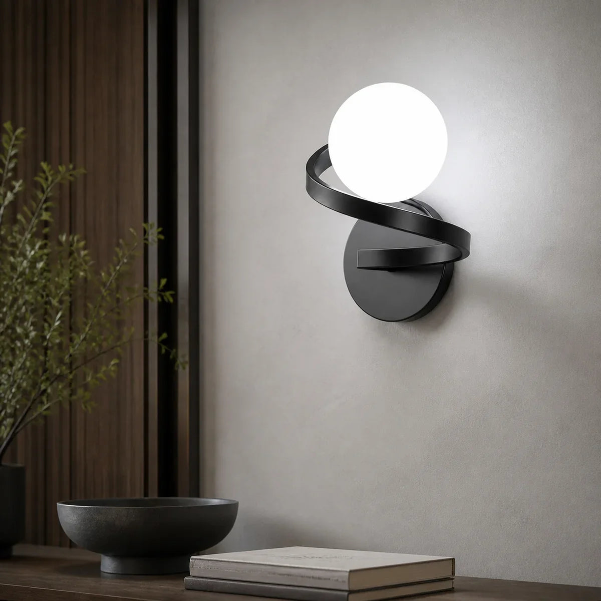 CopperGlow black cool white single globe close lifestyle wall sconce