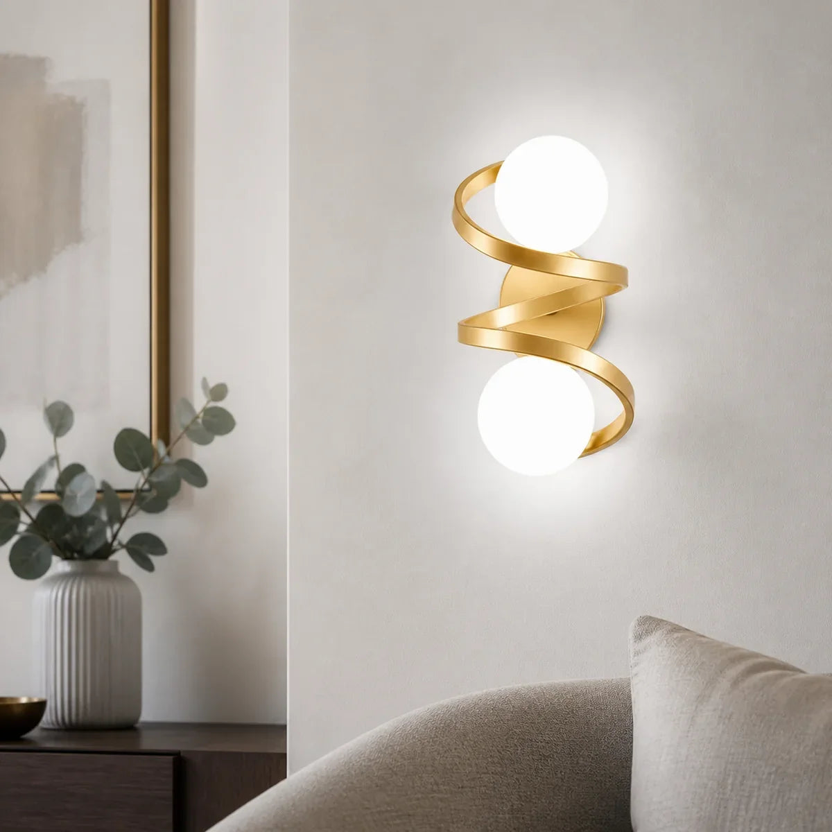 CopperGlow gold cool white double globe close lifestyle wall sconce