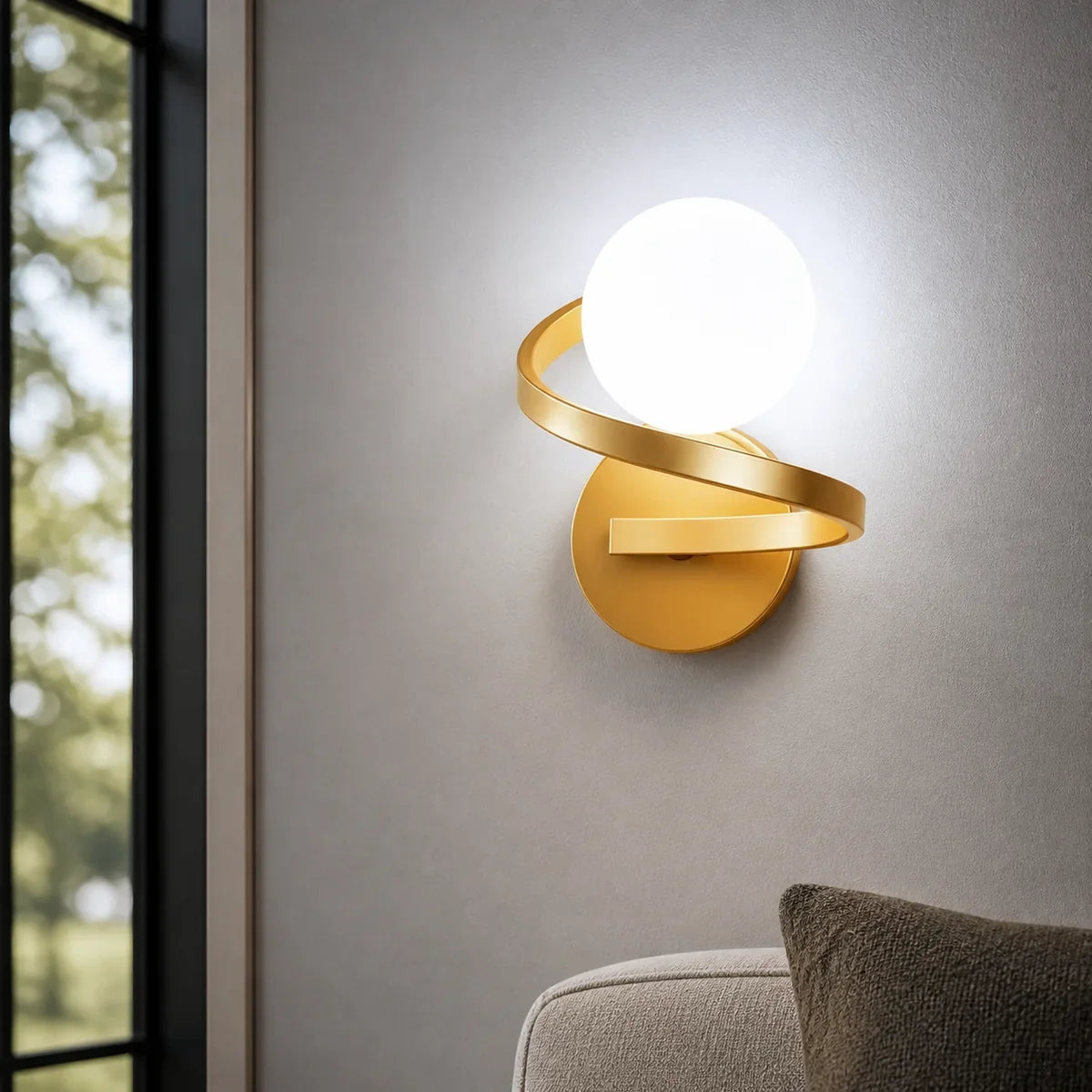 CopperGlow gold cool white single globe close lifestyle wall sconce