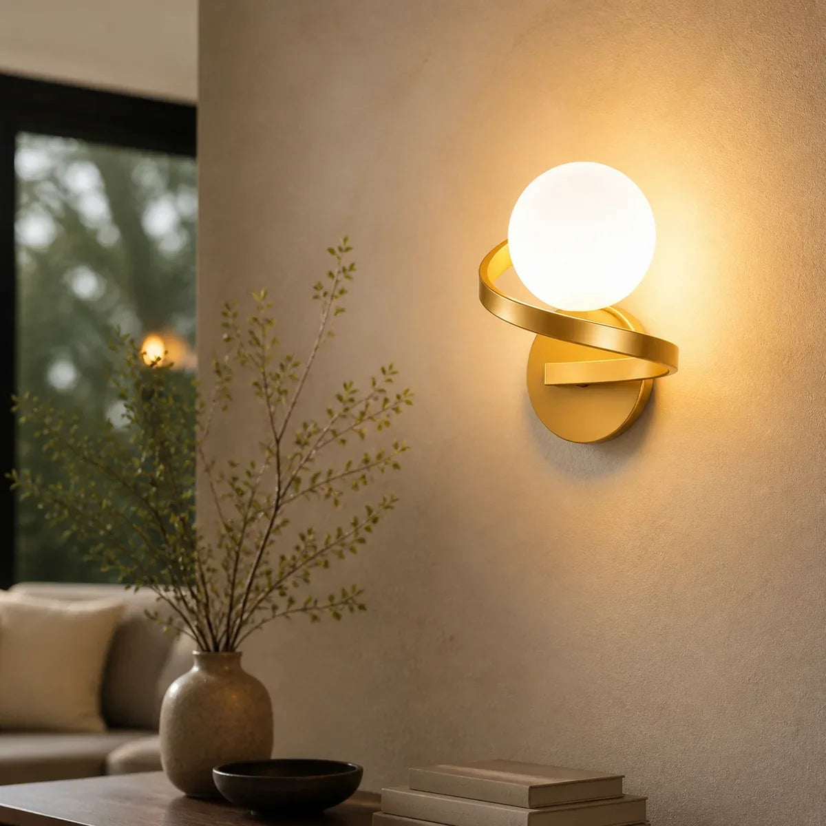 CopperGlow gold warm white single globe close lifestyle wall sconce