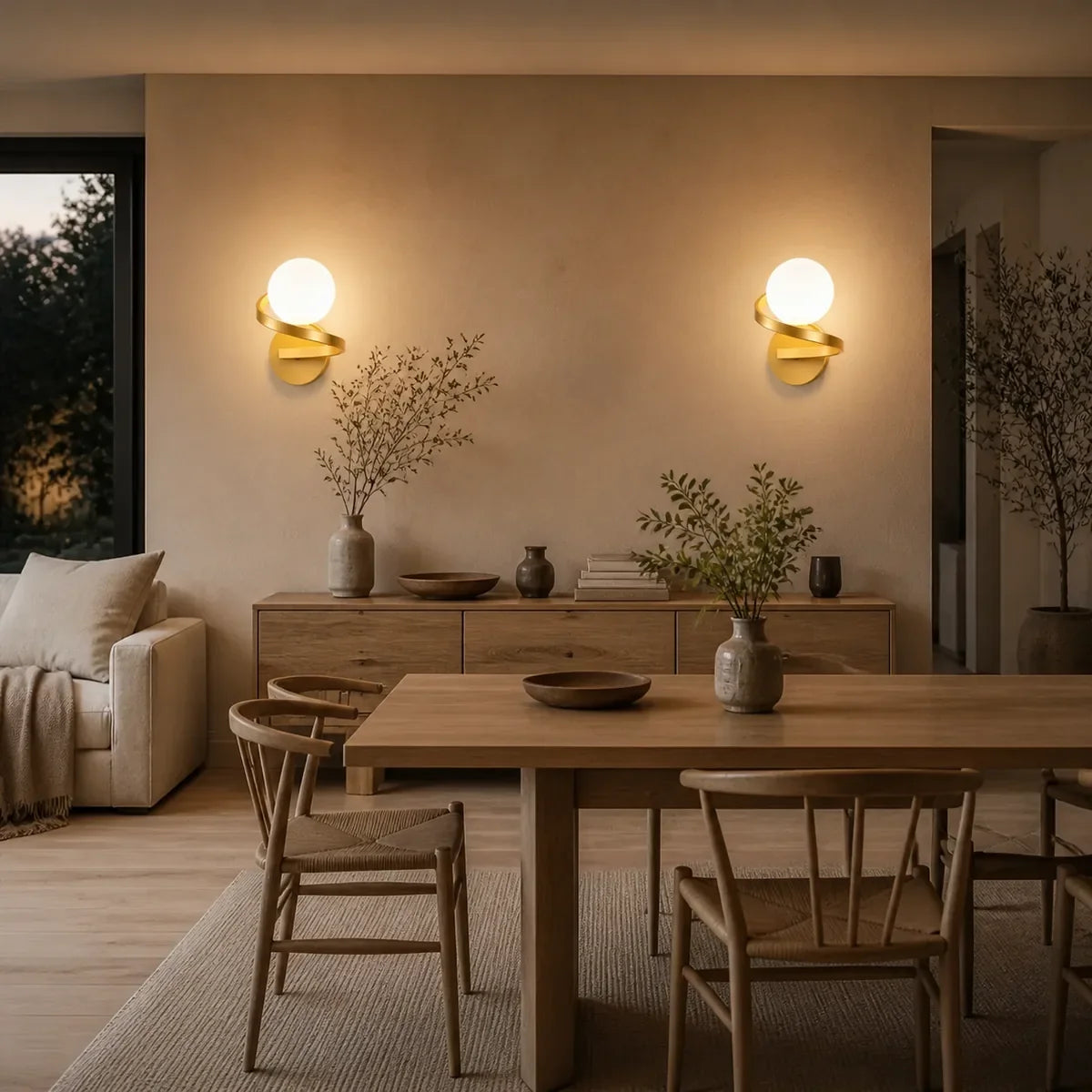 Two CopperGlow gold warm white wall sconces in a wide Japandi dining room