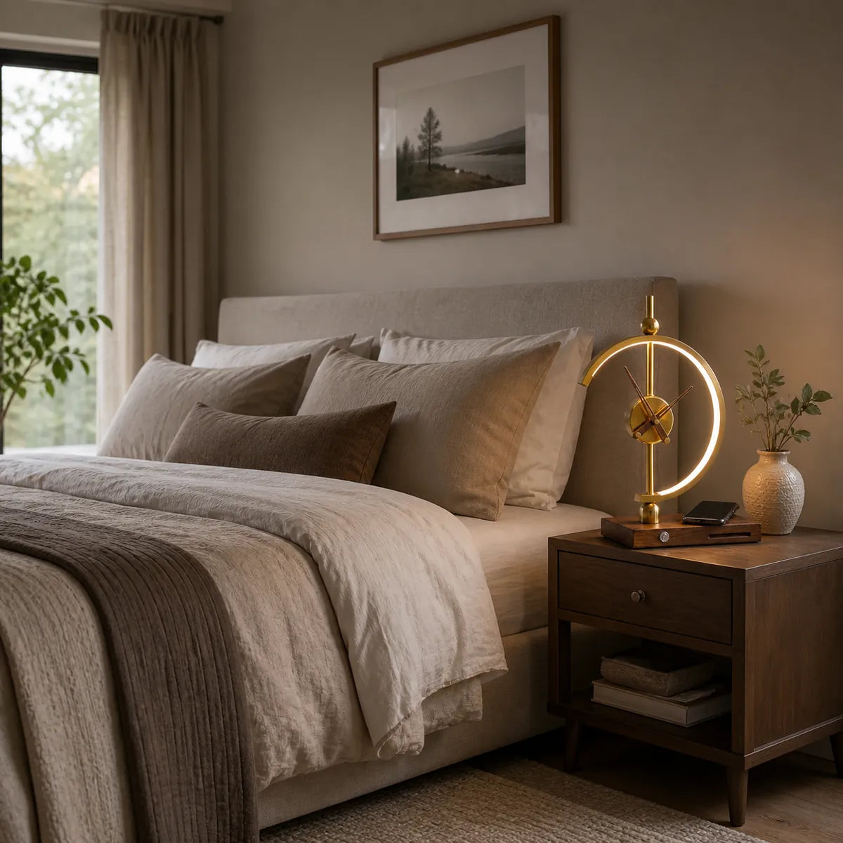 CrescentGlow lamp in a calm Scandinavian bedroom