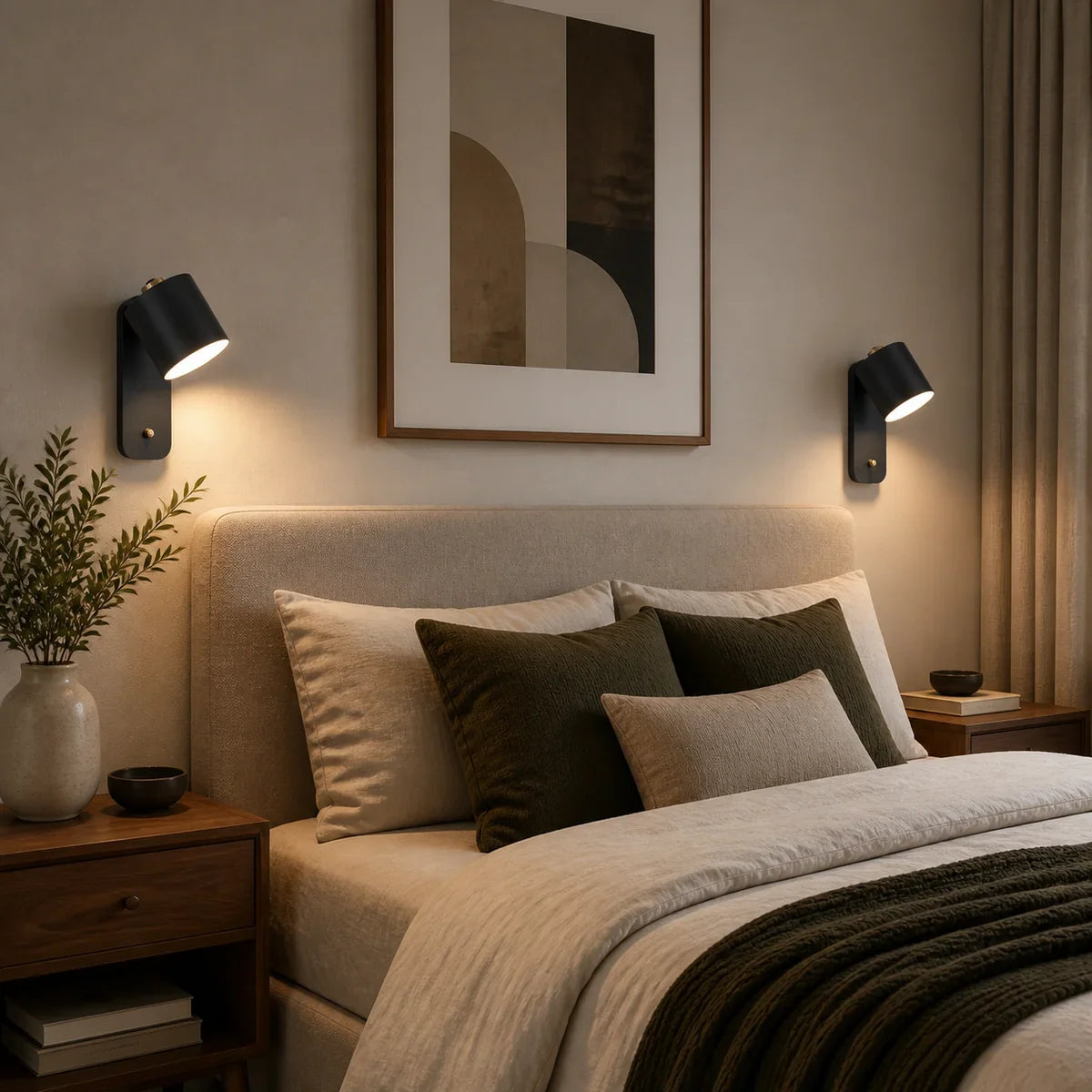 Two Cylindra black adjustable reading wall lights in a wide bedroom