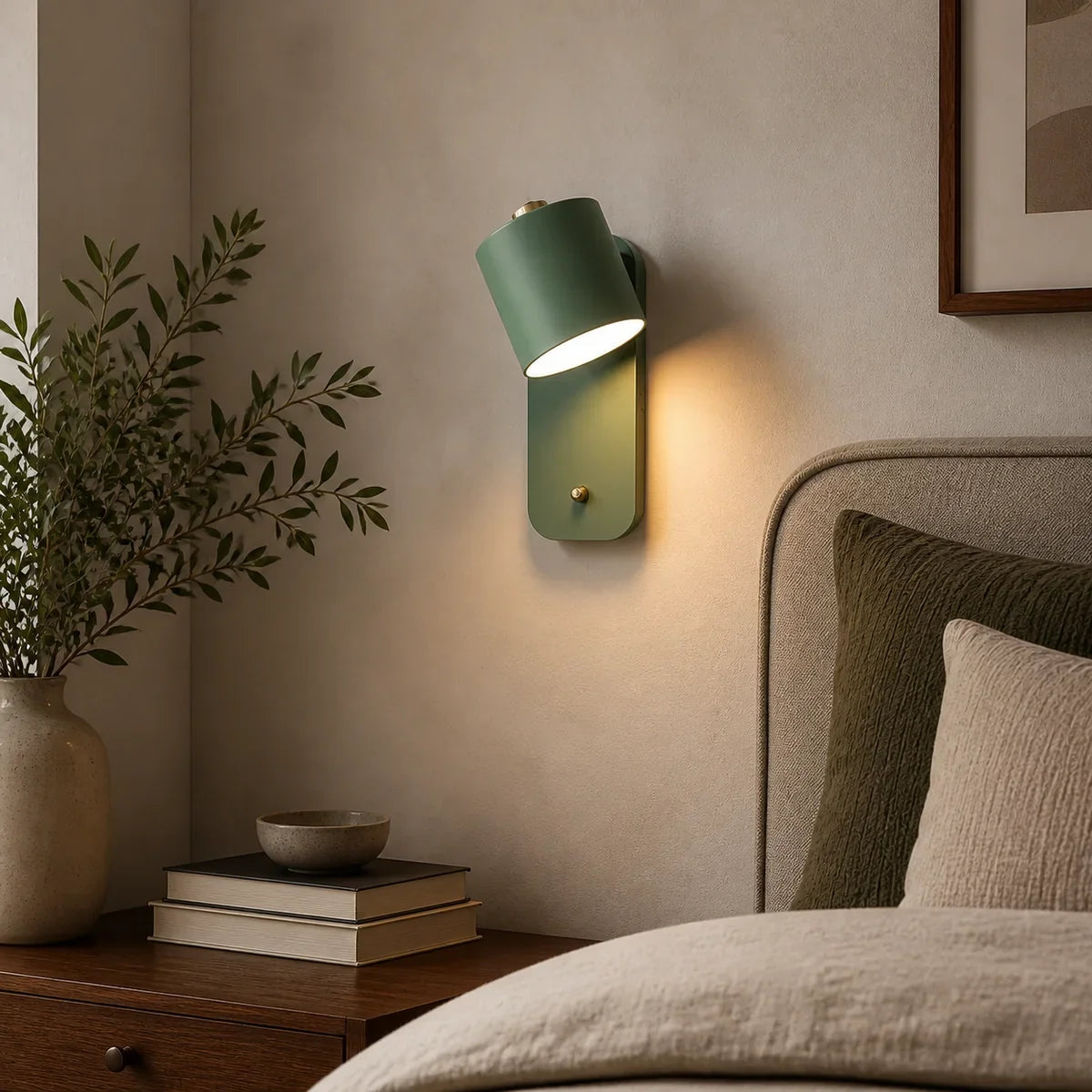 Cylindra green adjustable reading wall light in a close bedroom setting