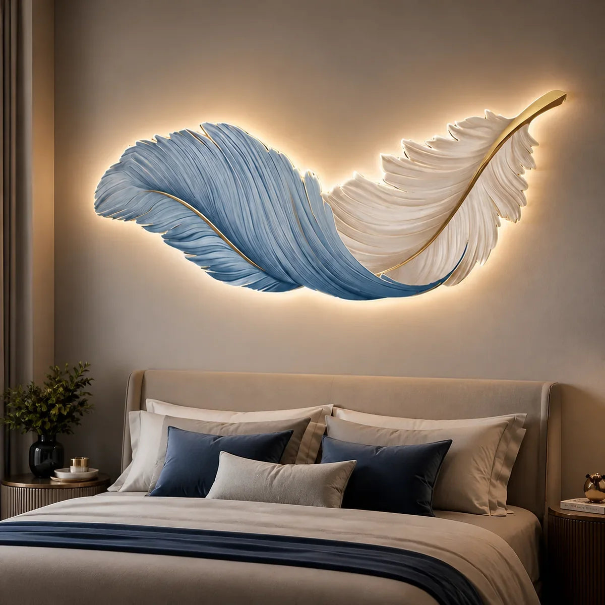 FeatherGlow Blue and White horizontal sculptural wall light above a bed