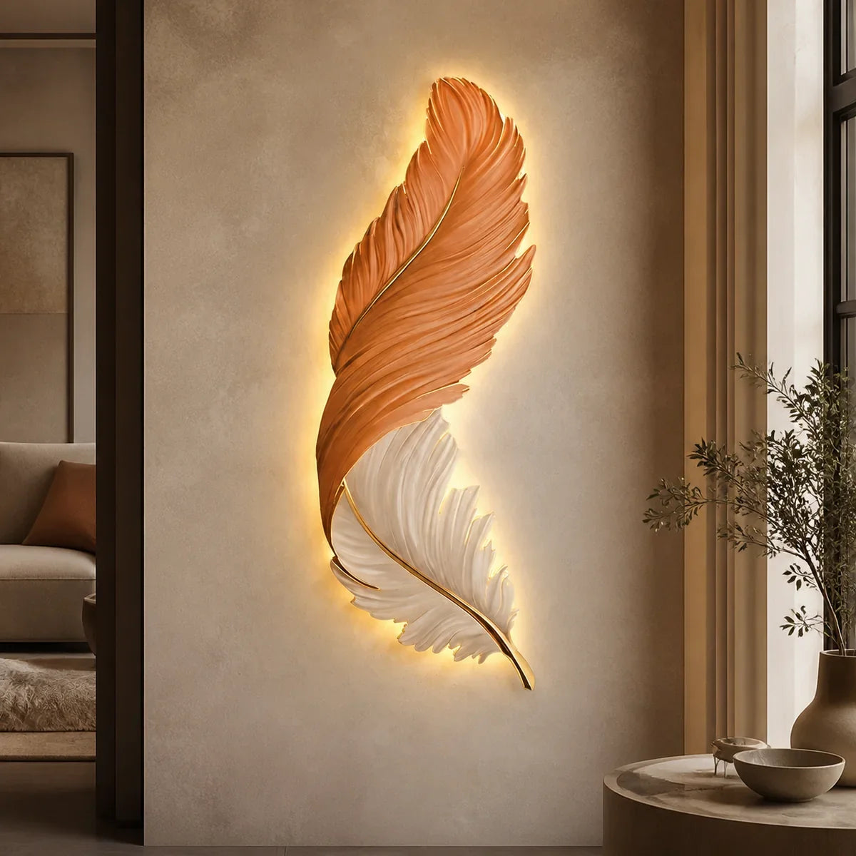 FeatherGlow Orange and White vertical sculptural wall light in a hallway