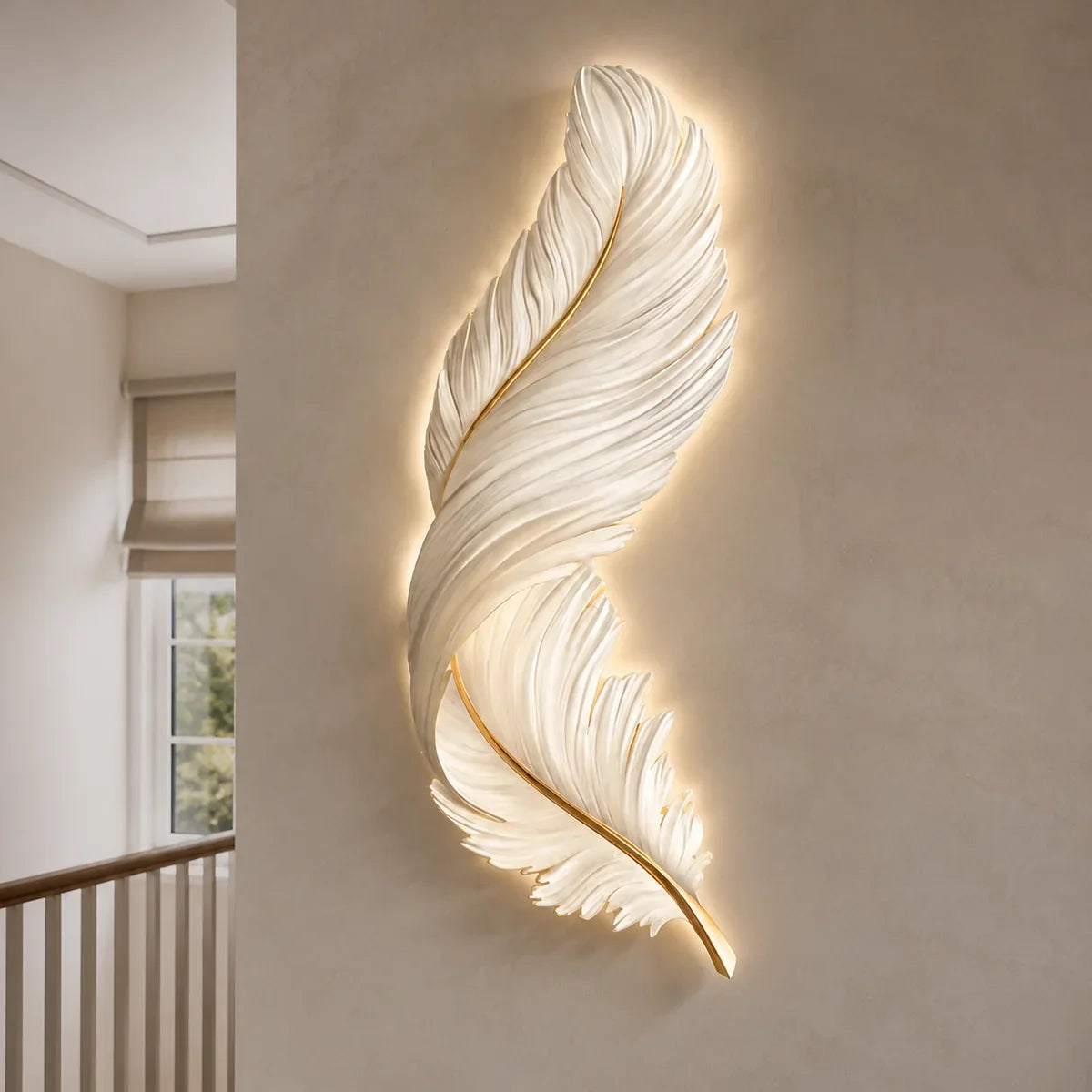 FeatherGlow White vertical sculptural wall light in a bright landing