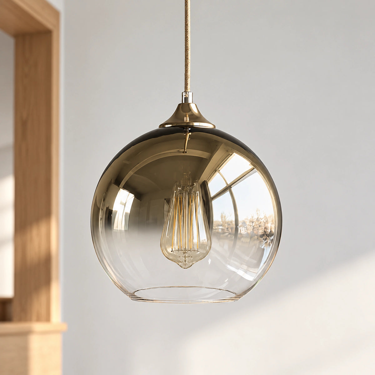 Glasstone Gold pendant unlit, with reflective gold-toned upper glass fading to a clearer lower globe