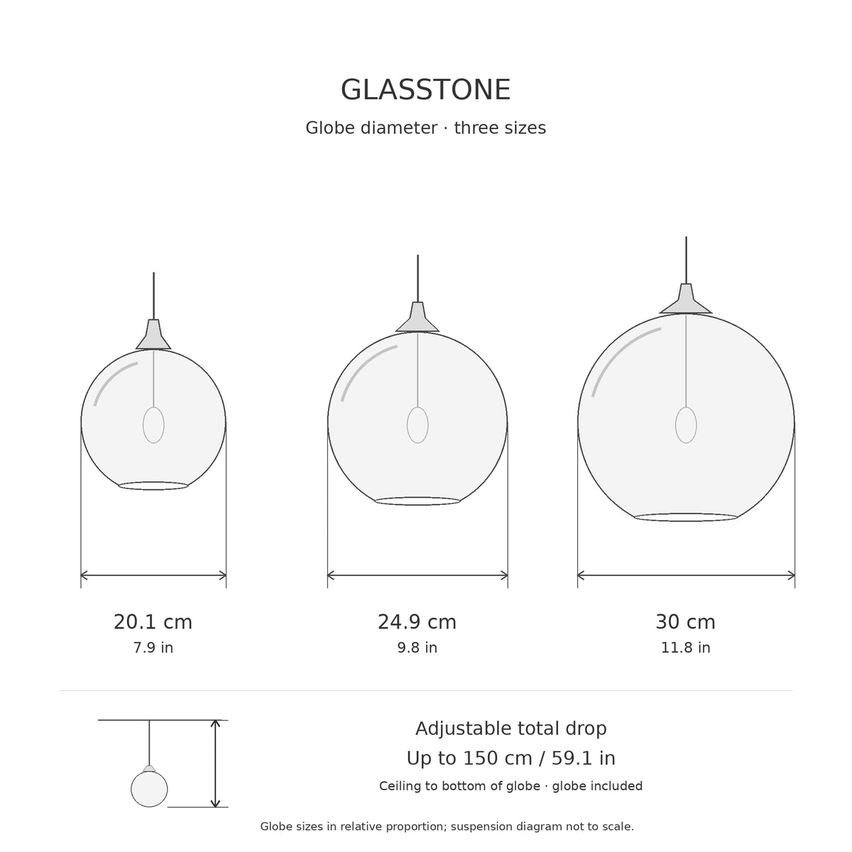 Illustrated Glasstone globe diameters of 20.1, 24.9 and 30 cm and adjustable total drop up to 150 cm including globe