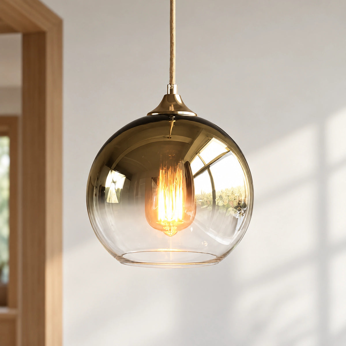 Glasstone Gold pendant illuminated, with a warm glow beneath the reflective gold-toned upper globe