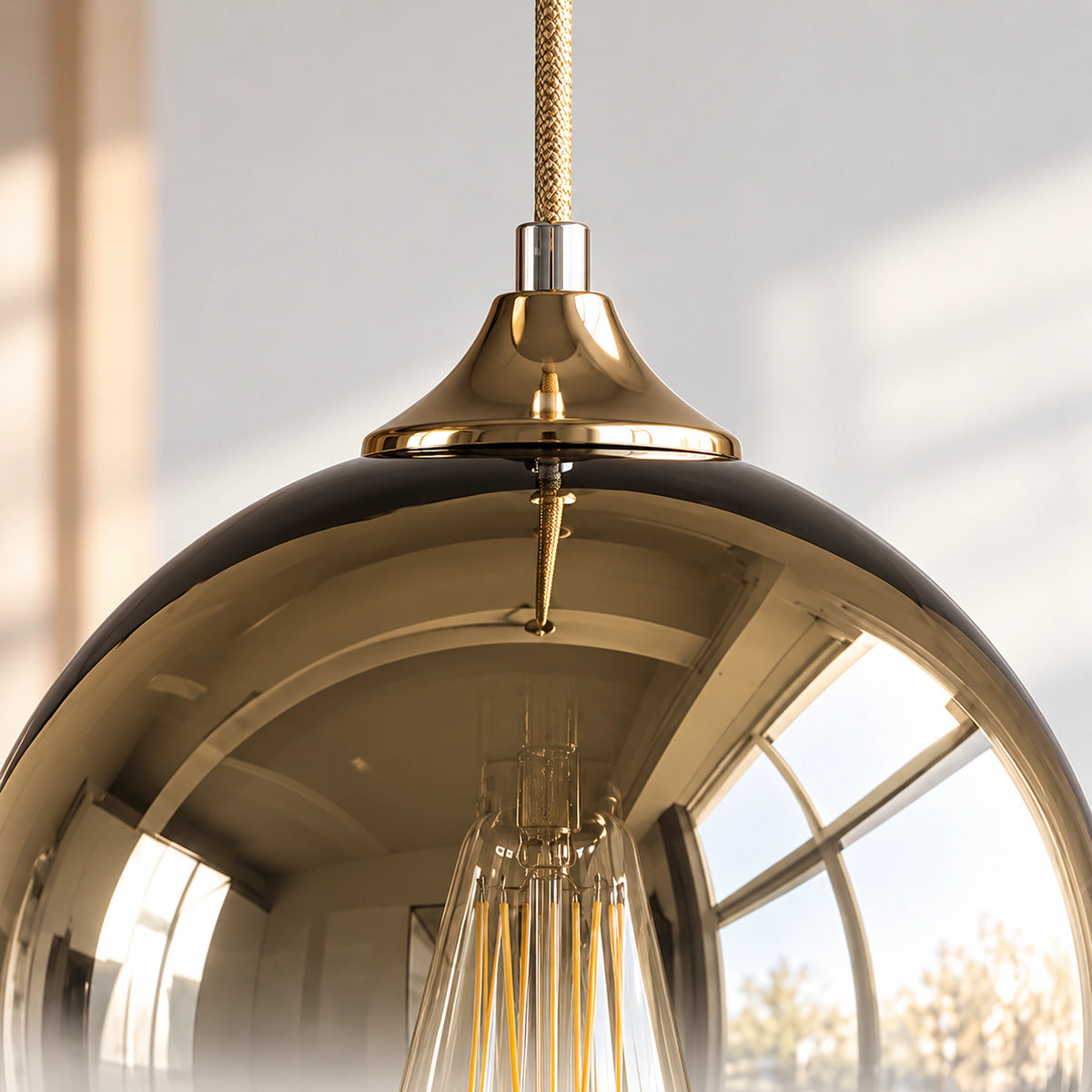 Close-up of Glasstone Gold pendant's metal canopy and reflective gold-toned upper glass