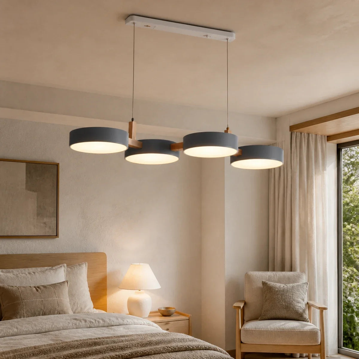 NordicWood | Stylish Contemporary Multi-Light Pendant Lighting Fixture — variant grey 4 heads cold white