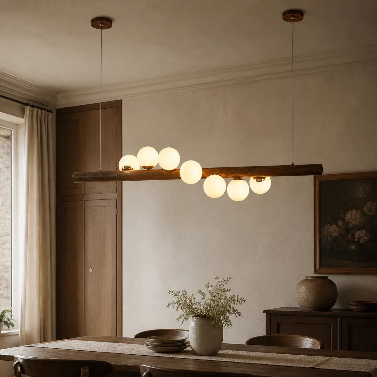 WalnutGlow | Elegant Modern Linear Chandelier with Glass Shades