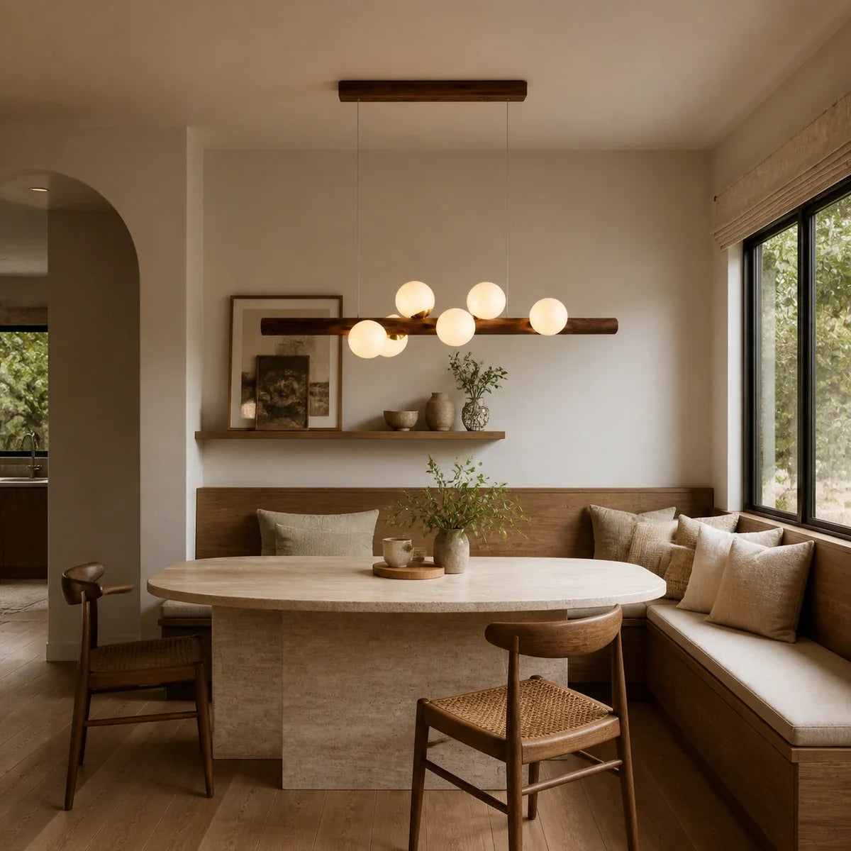 WalnutGlow | Elegant Modern Linear Chandelier with Glass Shades