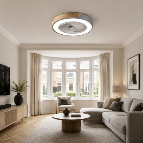 AeroLight | Stylish Bladeless Ceiling Fan with Dimmable LED Lights – lifestyle close-up