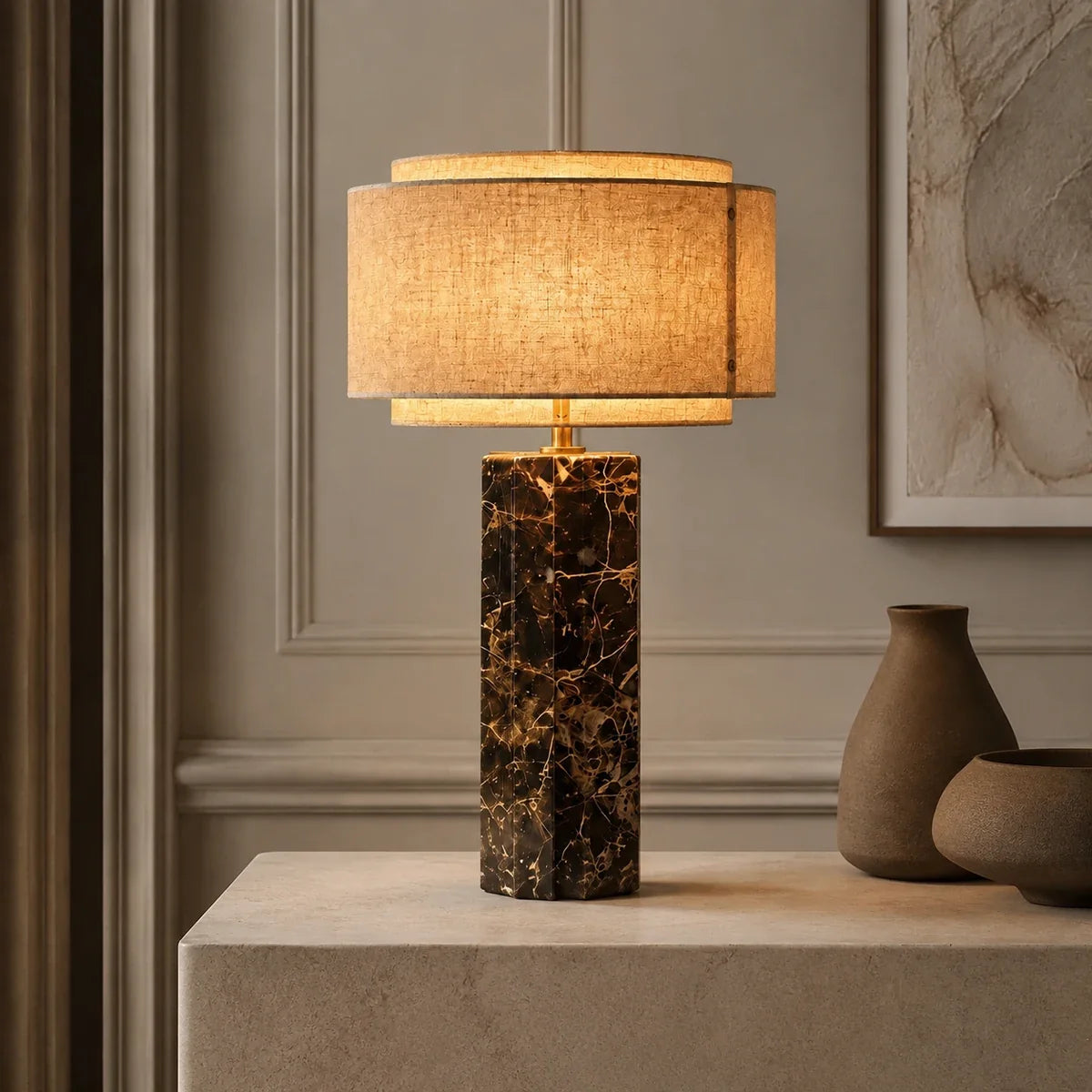MarbleGlow | Elegant Modern Red Marble Bedside Table Lamp with Fabric Shade
