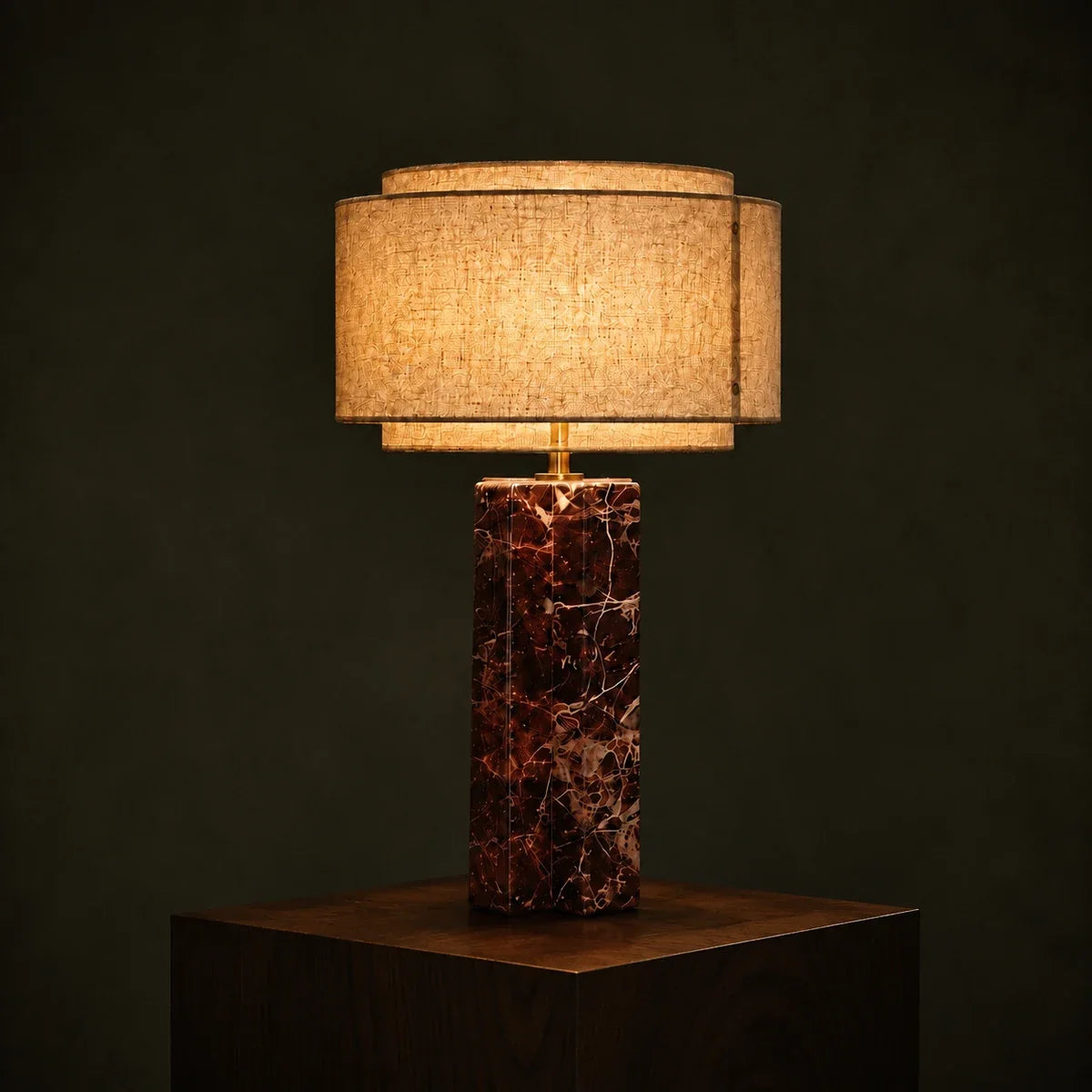 MarbleGlow | Elegant Modern Red Marble Bedside Table Lamp with Fabric Shade