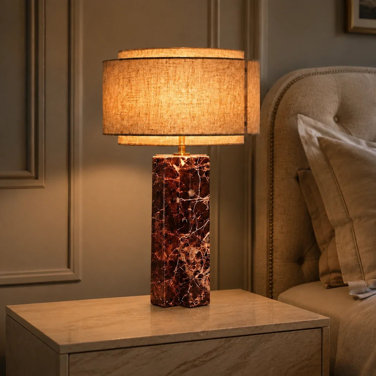 MarbleGlow | Elegant Modern Red Marble Bedside Table Lamp with Fabric Shade