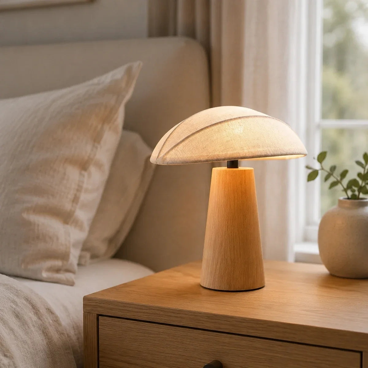 Luminara | Elegant Compact Wooden Base Fabric Shade Table Lamp