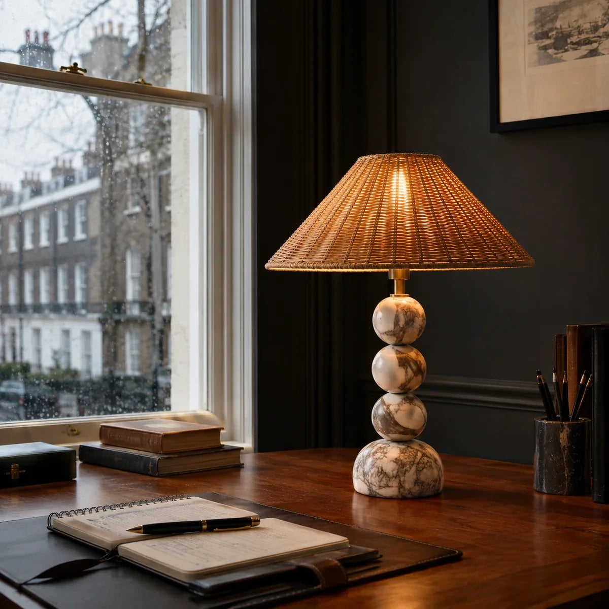 MarbleGlow | Elegant Minimalist Rattan Table Lamp for Bedroom or Desk