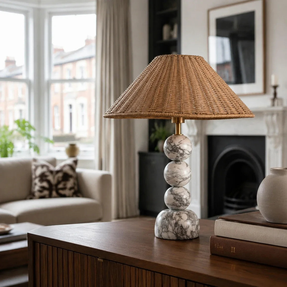 MarbleGlow | Elegant Minimalist Rattan Table Lamp for Bedroom or Desk