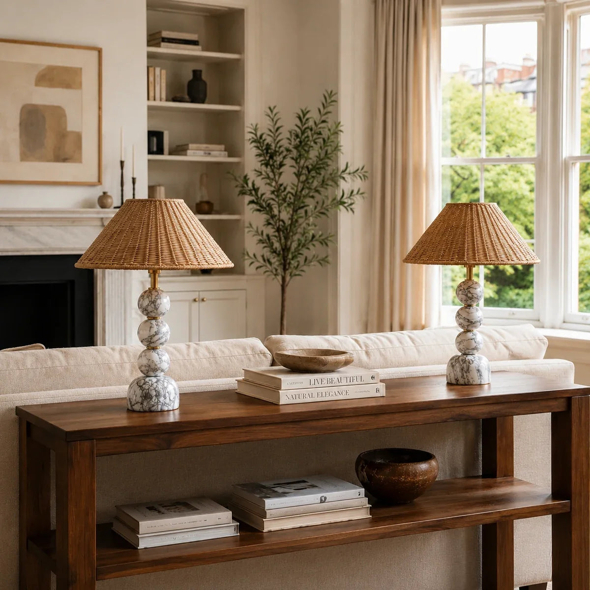 MarbleGlow | Elegant Minimalist Rattan Table Lamp for Bedroom or Desk