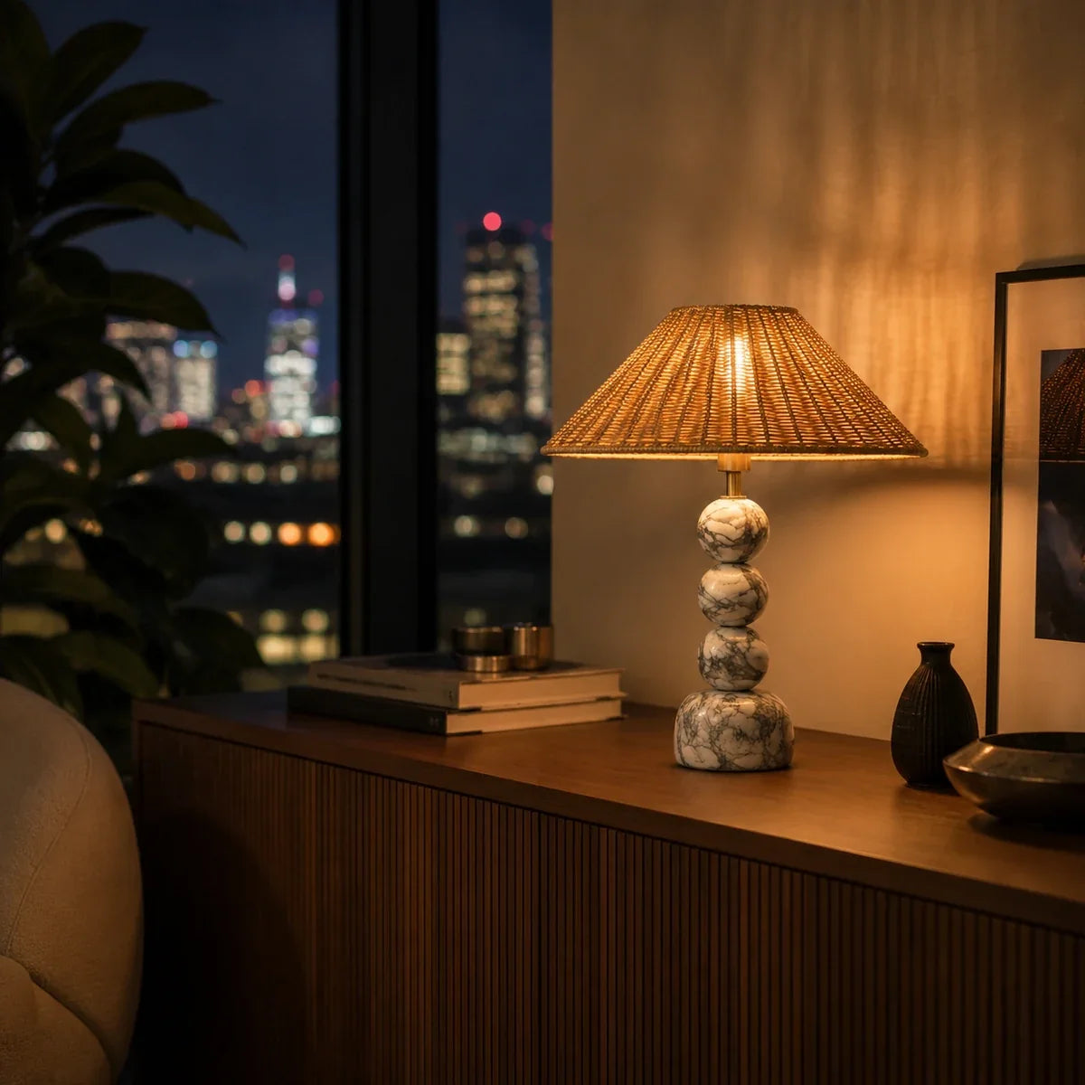 MarbleGlow | Elegant Minimalist Rattan Table Lamp for Bedroom or Desk