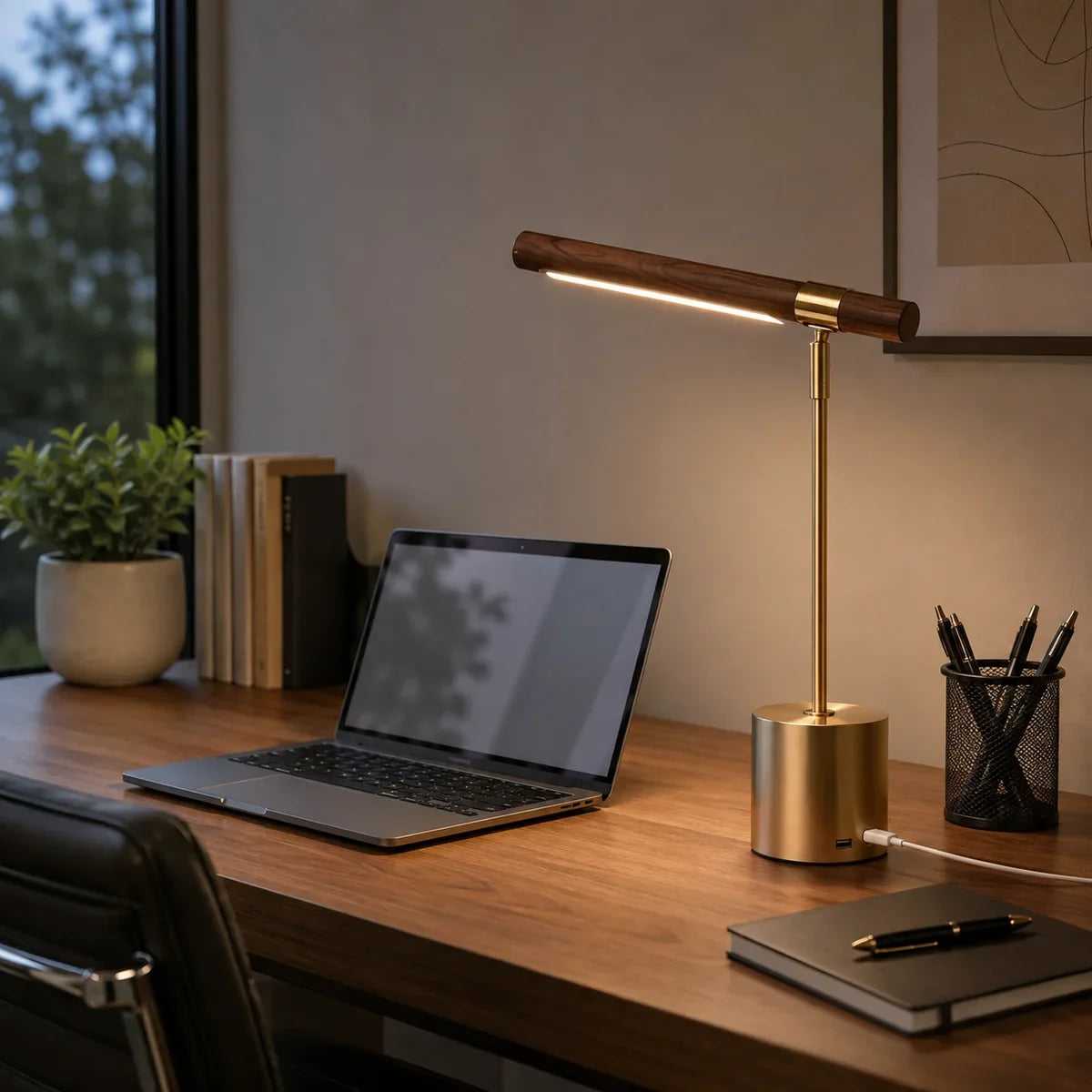 LuminaWood Adjustable LED Desk Lamp with USB — 02 workspace