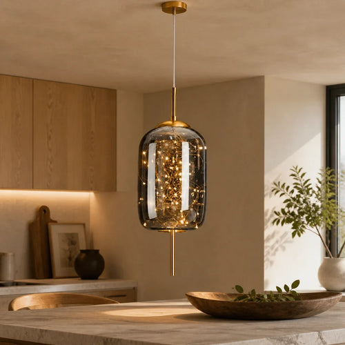 AetherGlow | Modern Adjustable Smoky Glass Kitchen Pendant Lighting — variant cylindrical smokey gray warm white