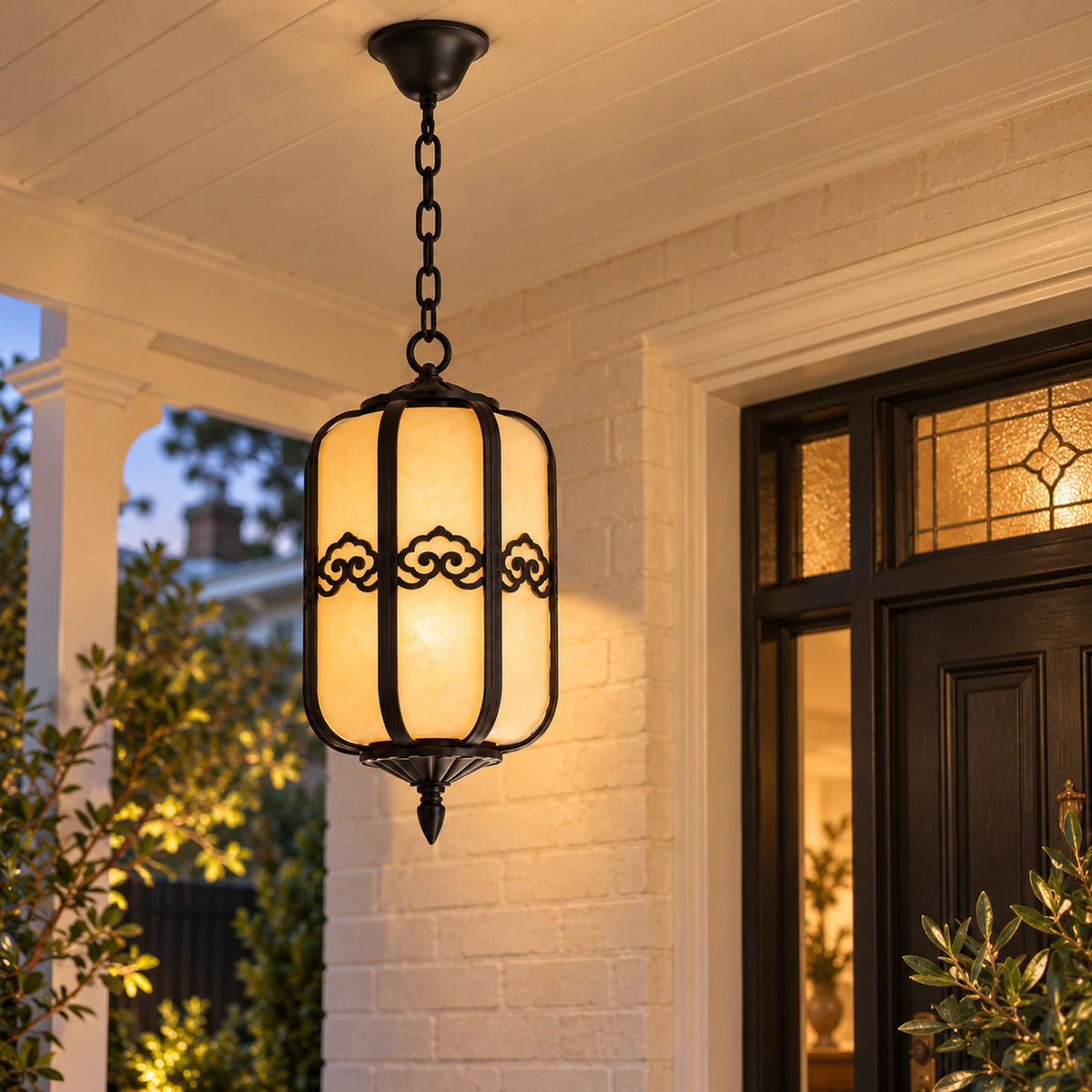 Alabrena | Graceful Outdoor Hanging Lantern with Faux Alabaster Panels & Sandblasted Black Aluminium