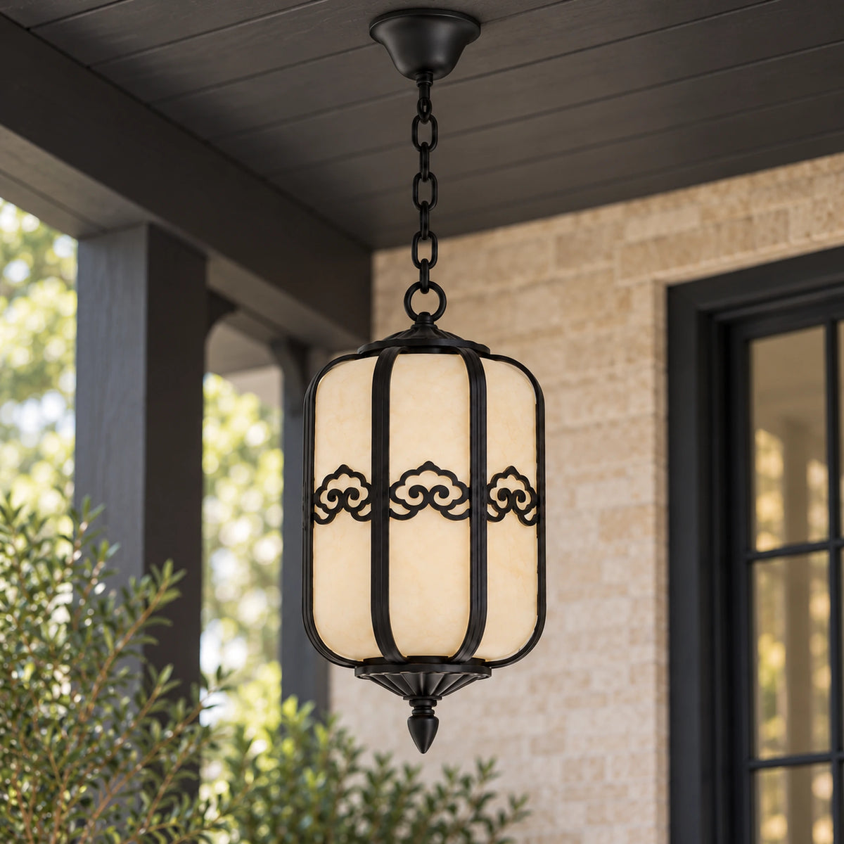 Alabrena | Graceful Outdoor Hanging Lantern with Faux Alabaster Panels & Sandblasted Black Aluminium