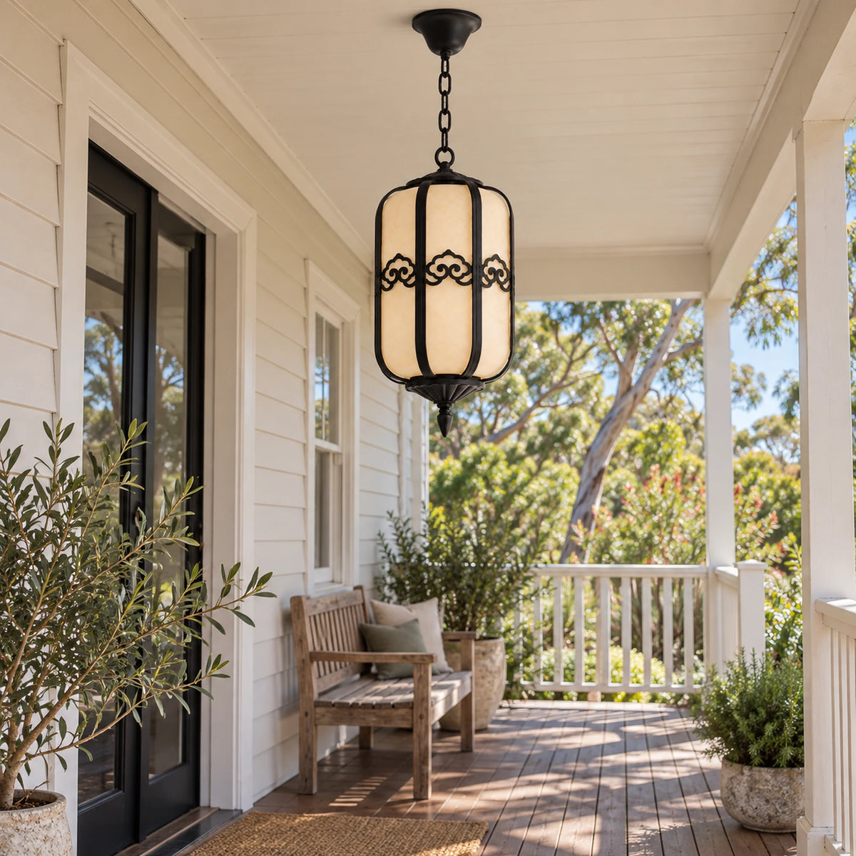 Alabrena | Graceful Outdoor Hanging Lantern with Faux Alabaster Panels & Sandblasted Black Aluminium