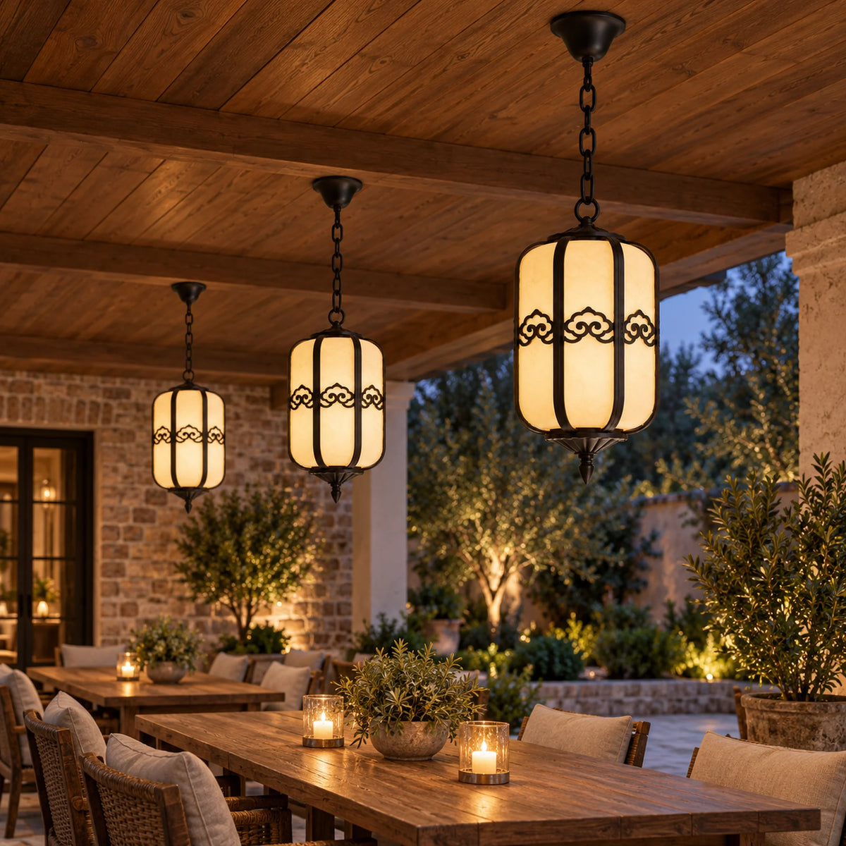 Alabrena | Graceful Outdoor Hanging Lantern with Faux Alabaster Panels & Sandblasted Black Aluminium