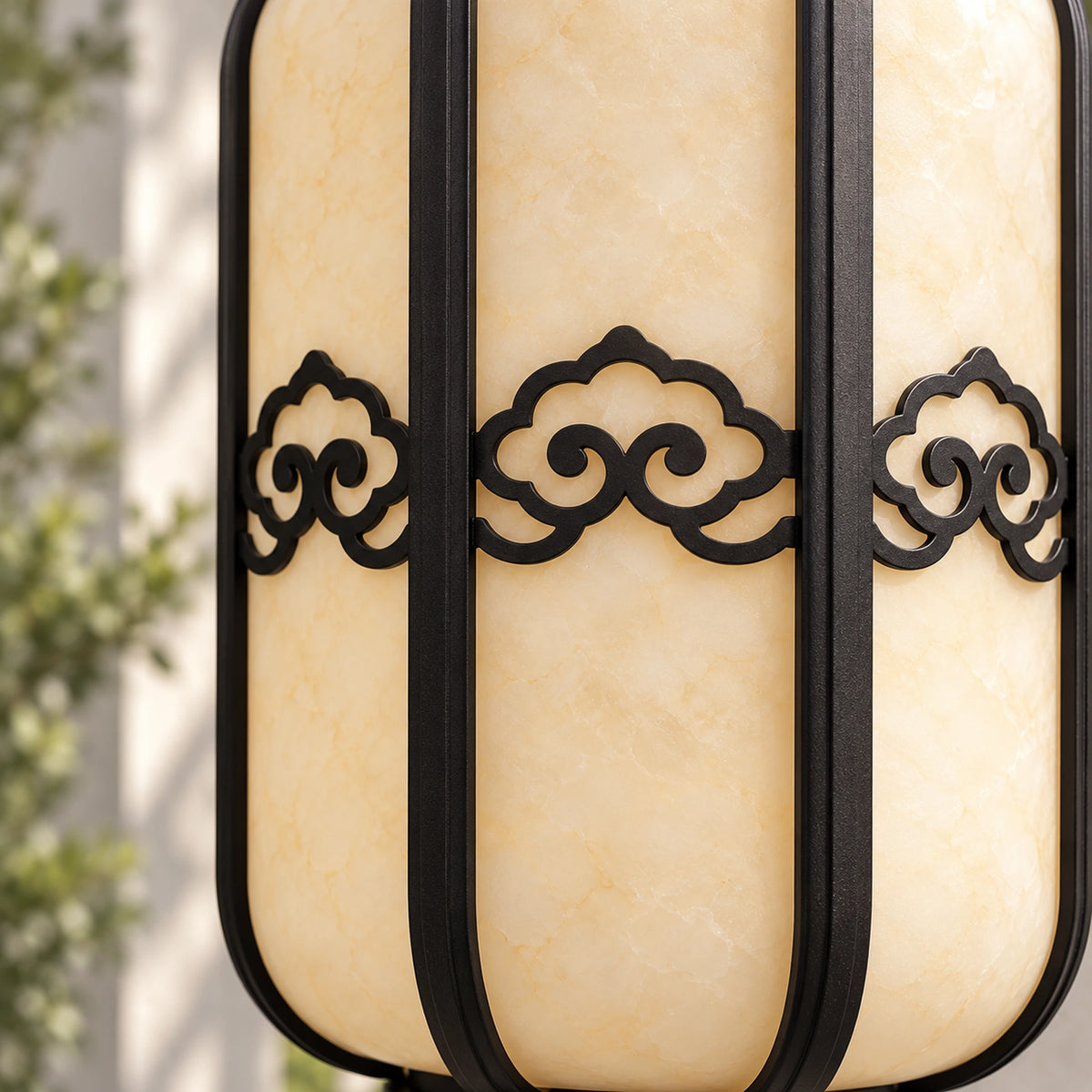 Alabrena | Graceful Outdoor Hanging Lantern with Faux Alabaster Panels & Sandblasted Black Aluminium