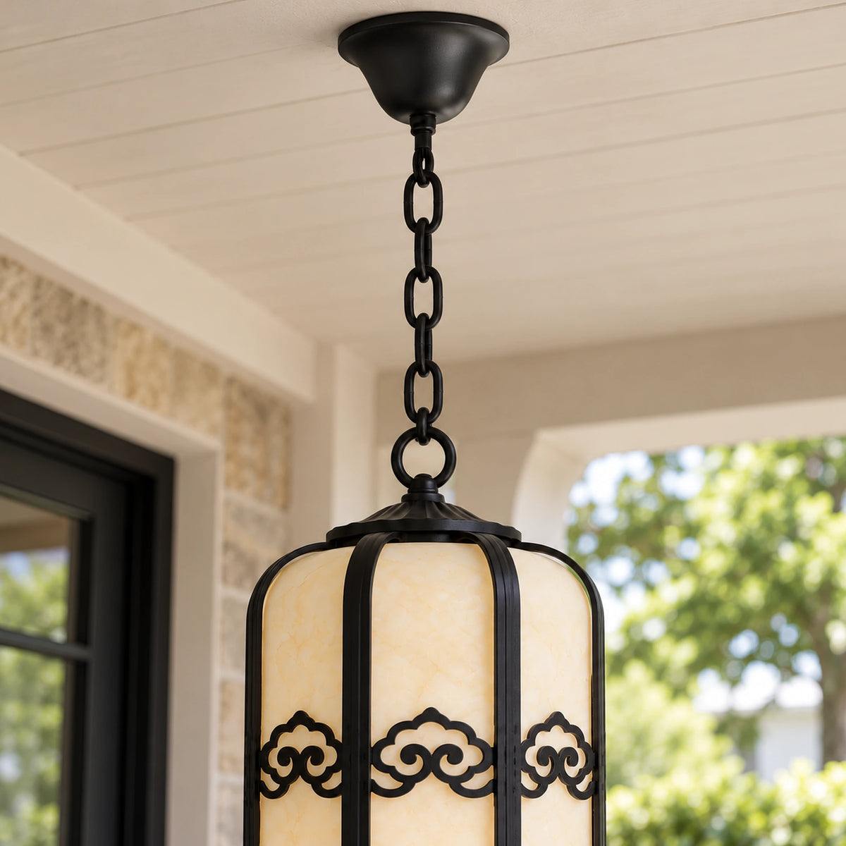 Alabrena | Graceful Outdoor Hanging Lantern with Faux Alabaster Panels & Sandblasted Black Aluminium