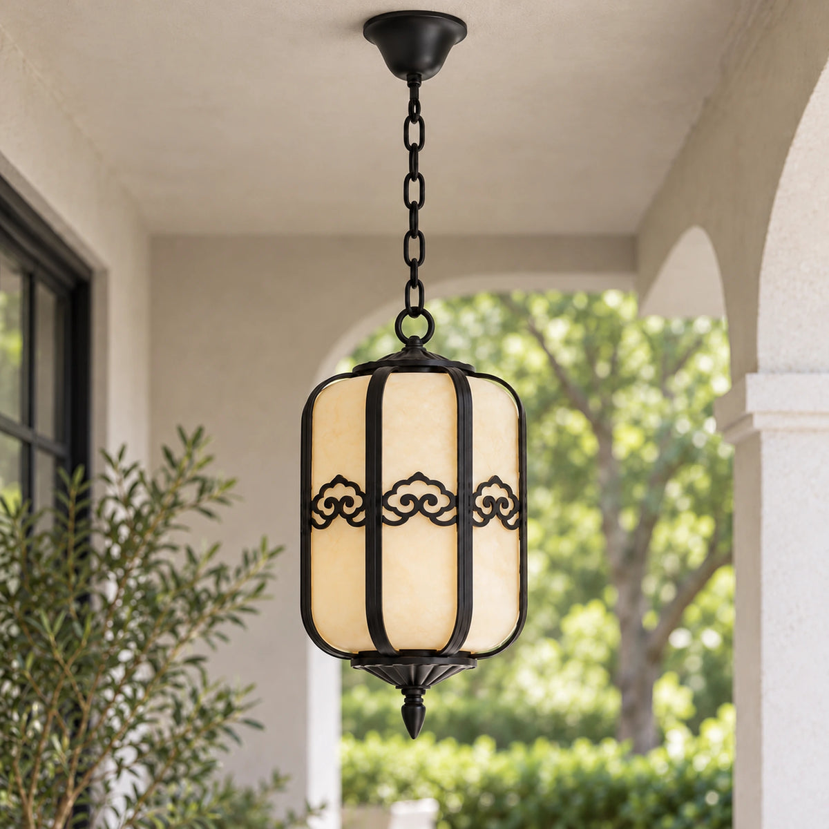 Alabrena | Graceful Outdoor Hanging Lantern with Faux Alabaster Panels & Sandblasted Black Aluminium