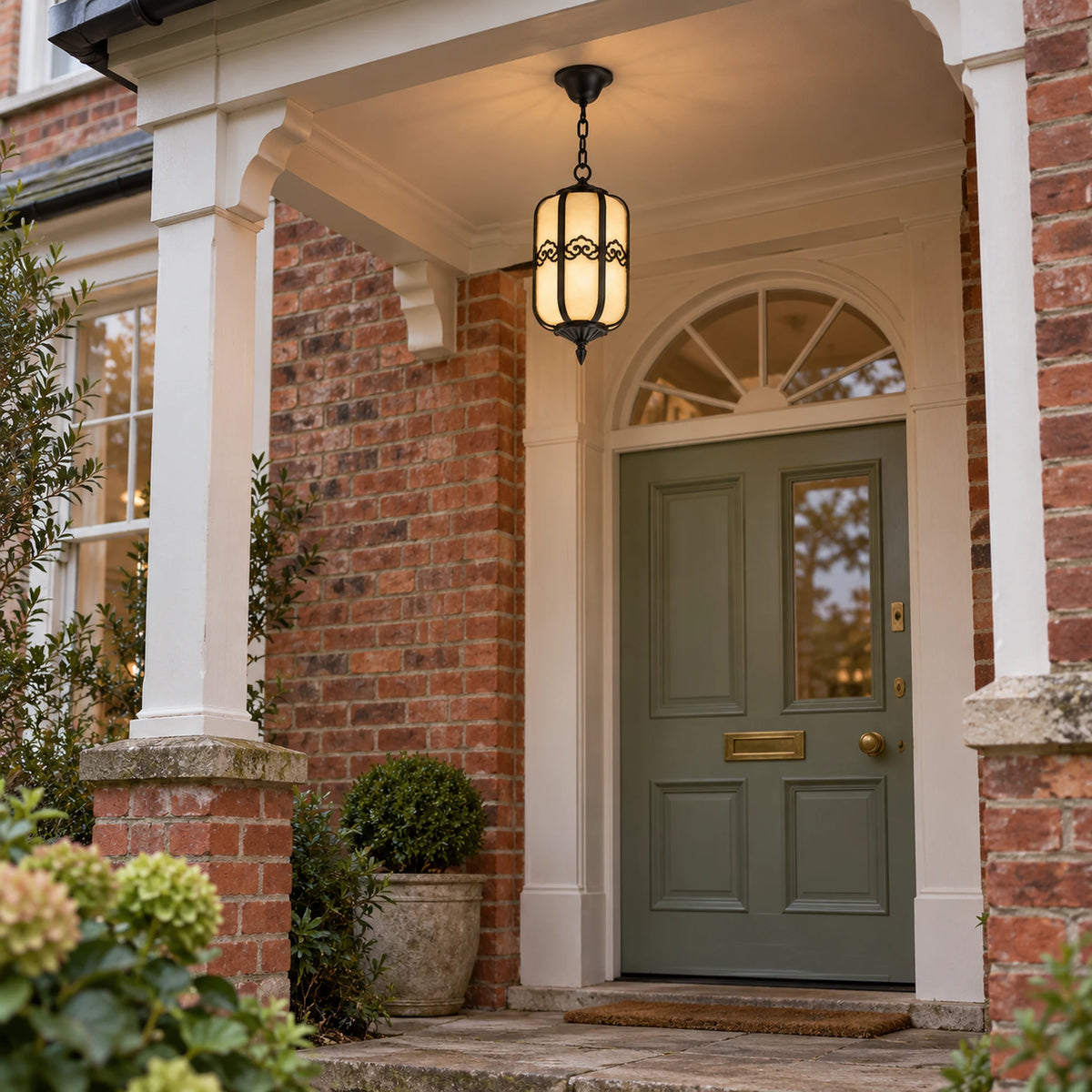 Alabrena | Graceful Outdoor Hanging Lantern with Faux Alabaster Panels & Sandblasted Black Aluminium
