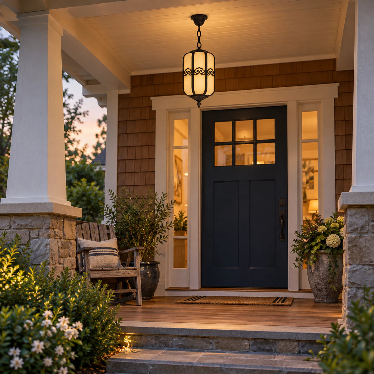 Alabrena | Graceful Outdoor Hanging Lantern with Faux Alabaster Panels & Sandblasted Black Aluminium