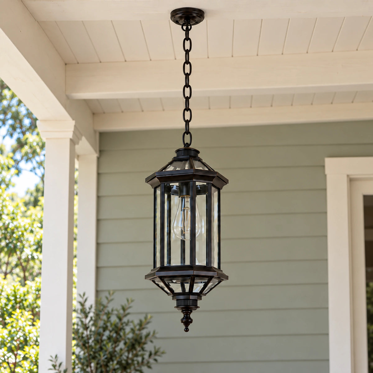 Aurelia | Elegant Outdoor Hanging Pendant Lantern with Clear Glass, Sandblasted Black Finish & IP65 Protection