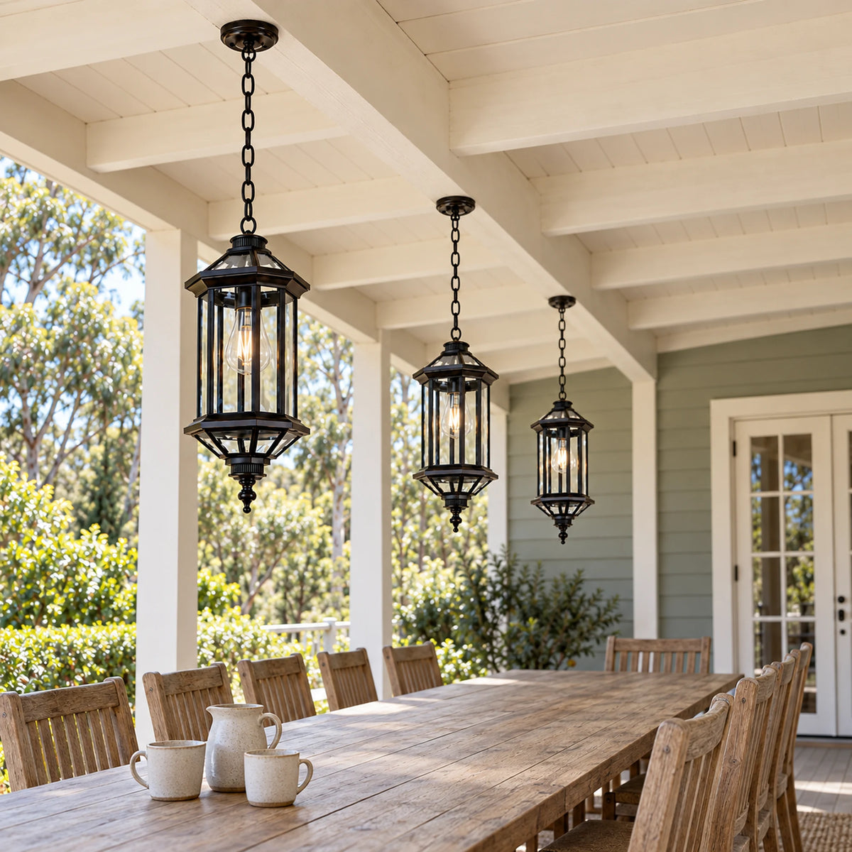 Aurelia | Elegant Outdoor Hanging Pendant Lantern with Clear Glass, Sandblasted Black Finish & IP65 Protection
