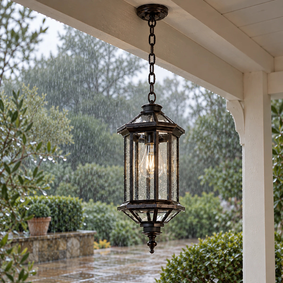 Aurelia | Elegant Outdoor Hanging Pendant Lantern with Clear Glass, Sandblasted Black Finish & IP65 Protection