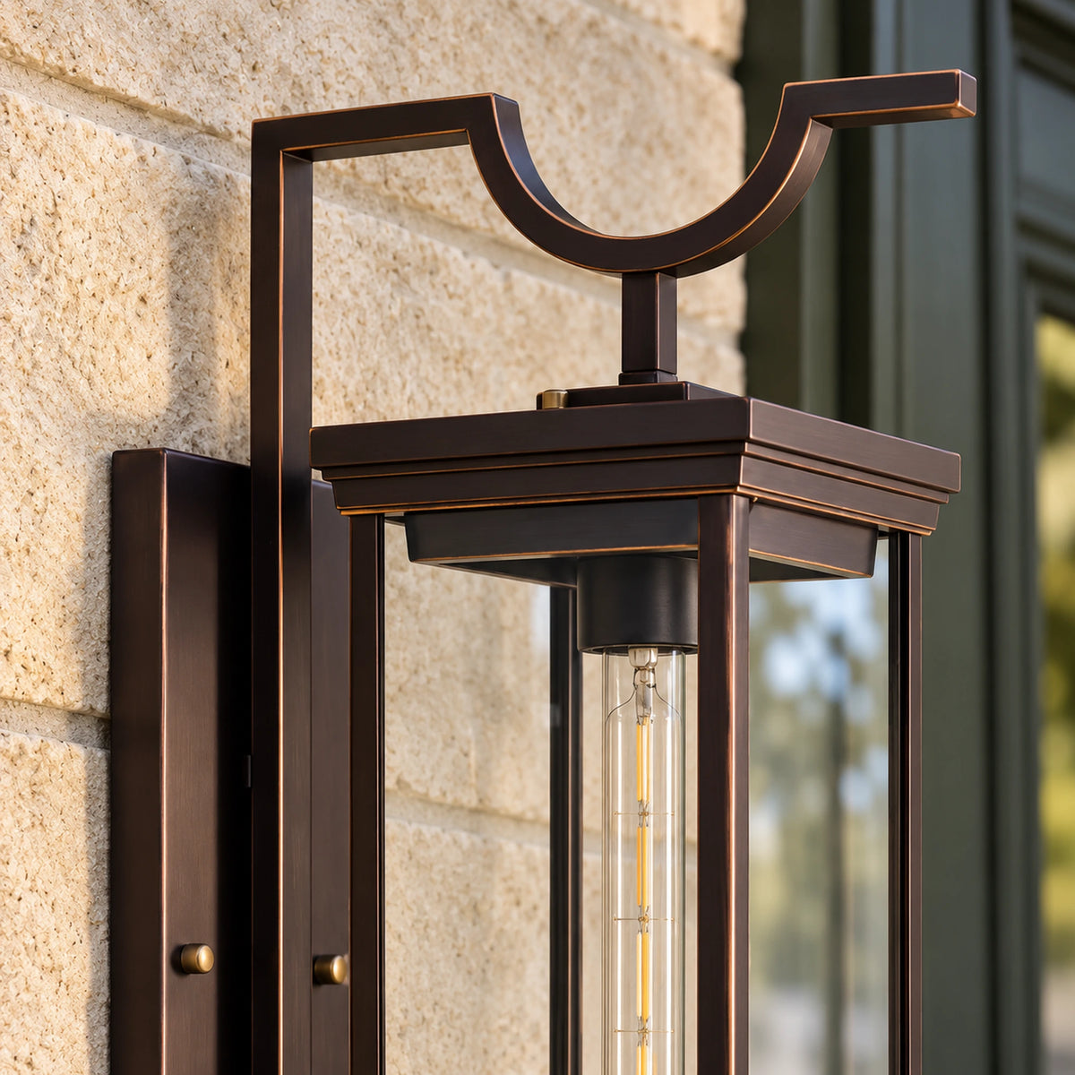 Close-up of the BronzeAura coffee-bronze upper bracket, stepped cap and upper glass frame.