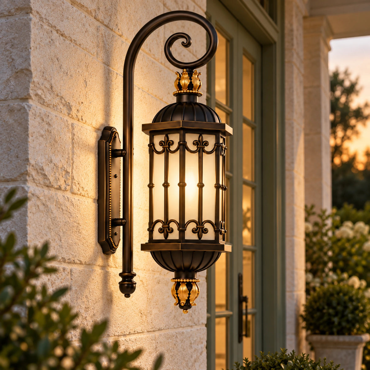 BronzeMist bronze wall lantern with scroll arm and softly illuminated glass beside a sage-green doorway.