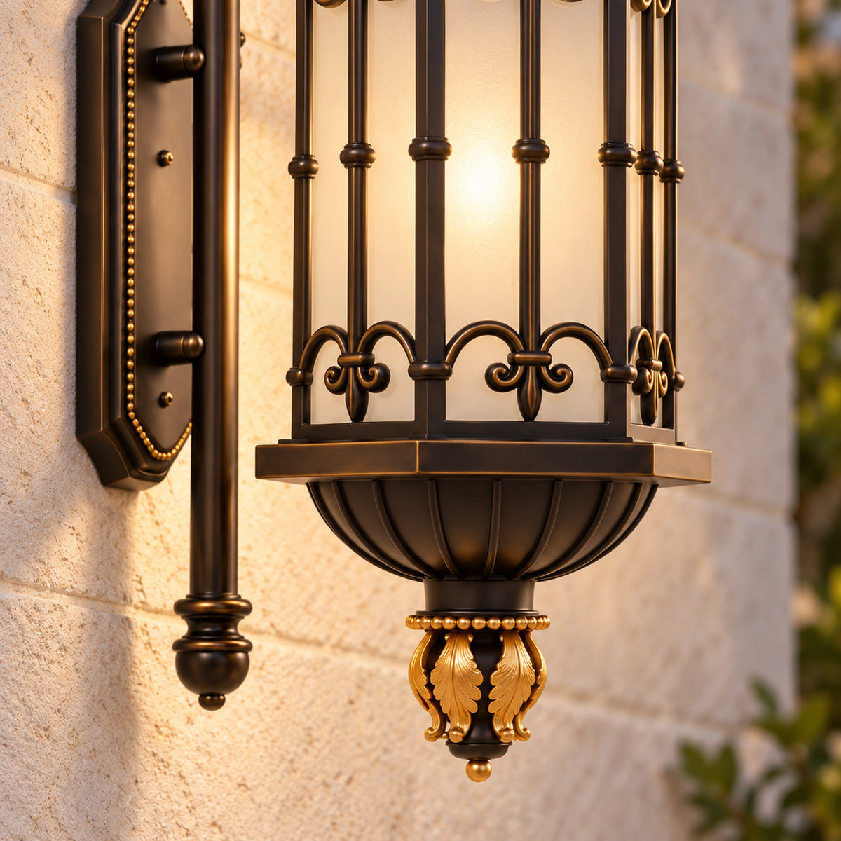 Close-up of the BronzeMist diffused glass, lower metalwork, ribbed bowl and leaf-shaped bottom ornament.