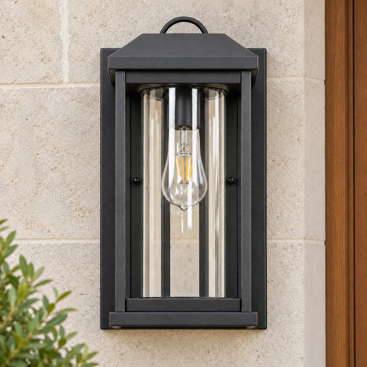 CharcoalGlow | Stylish Black Outdoor Wall Lantern with Clear Glass