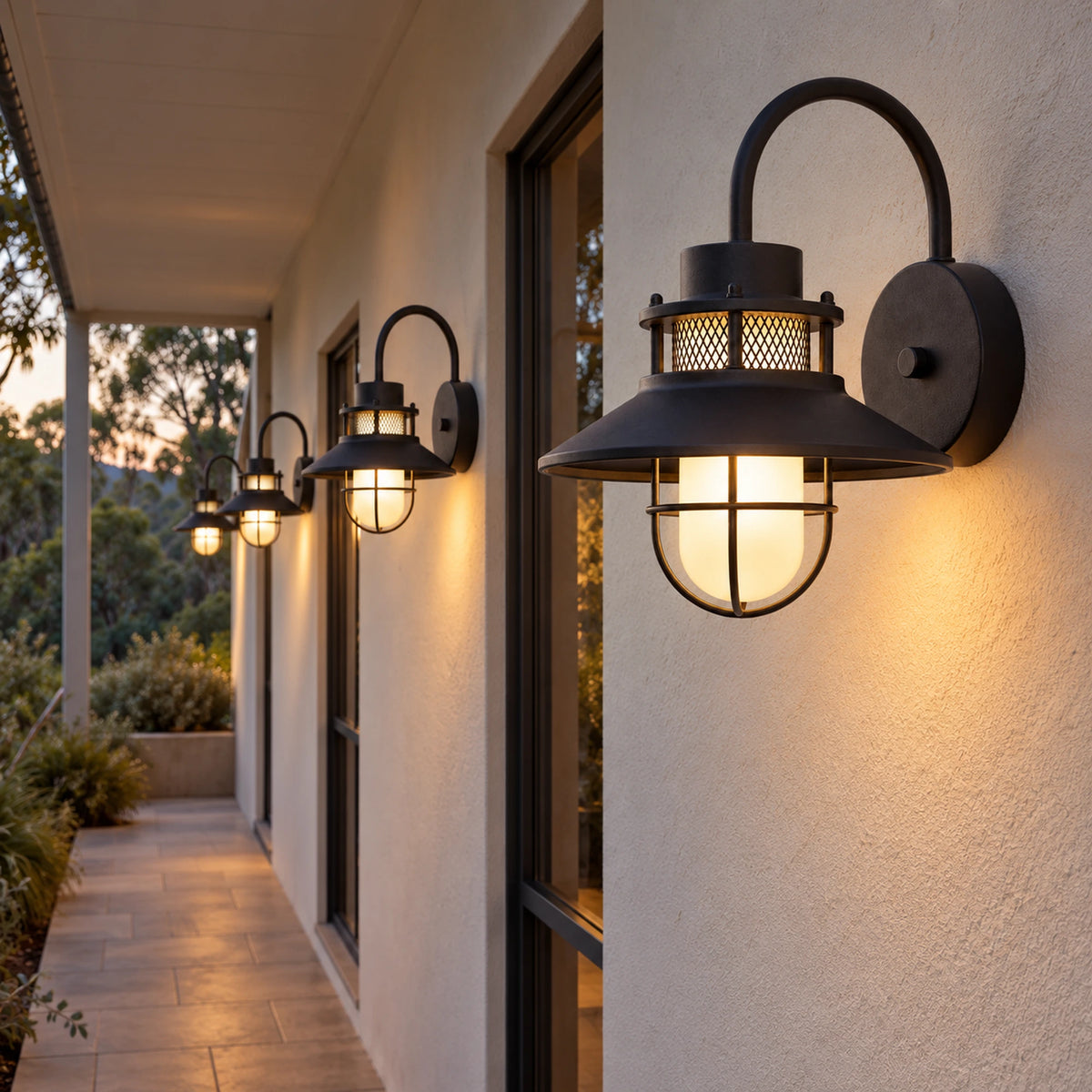 Harbelle | Industrial Outdoor Wall Light with Frosted Glass, Black or Coffee Gold Finish & IP65