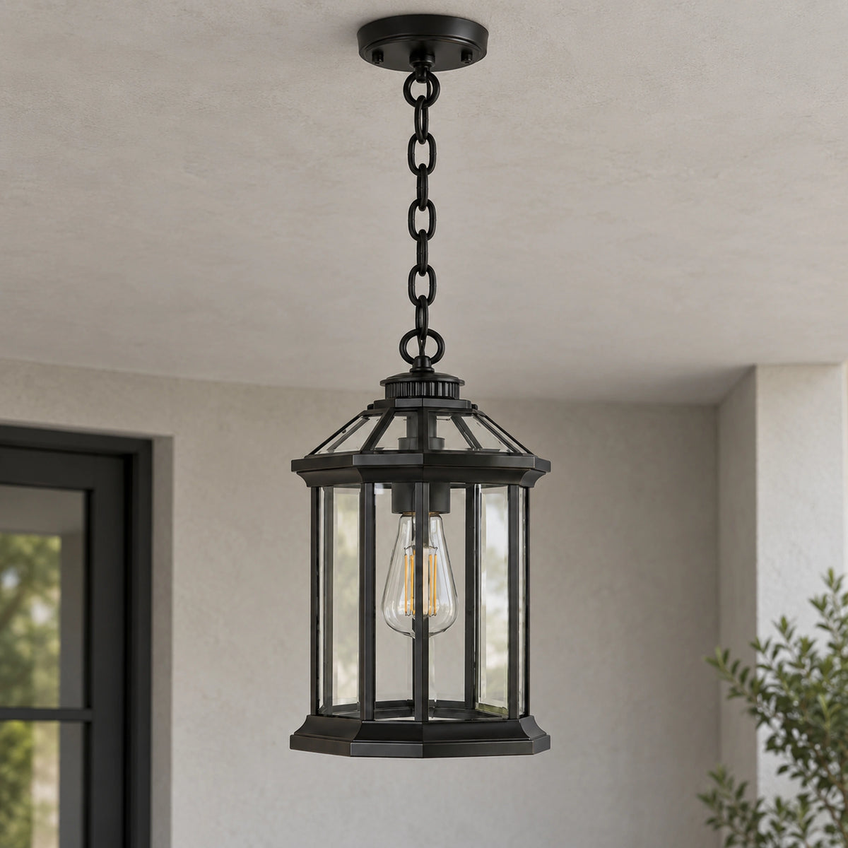 Portiva | Classic Outdoor Hanging Pendant Lantern with Clear Glass, Sandblasted Black Finish & IP65 Protection