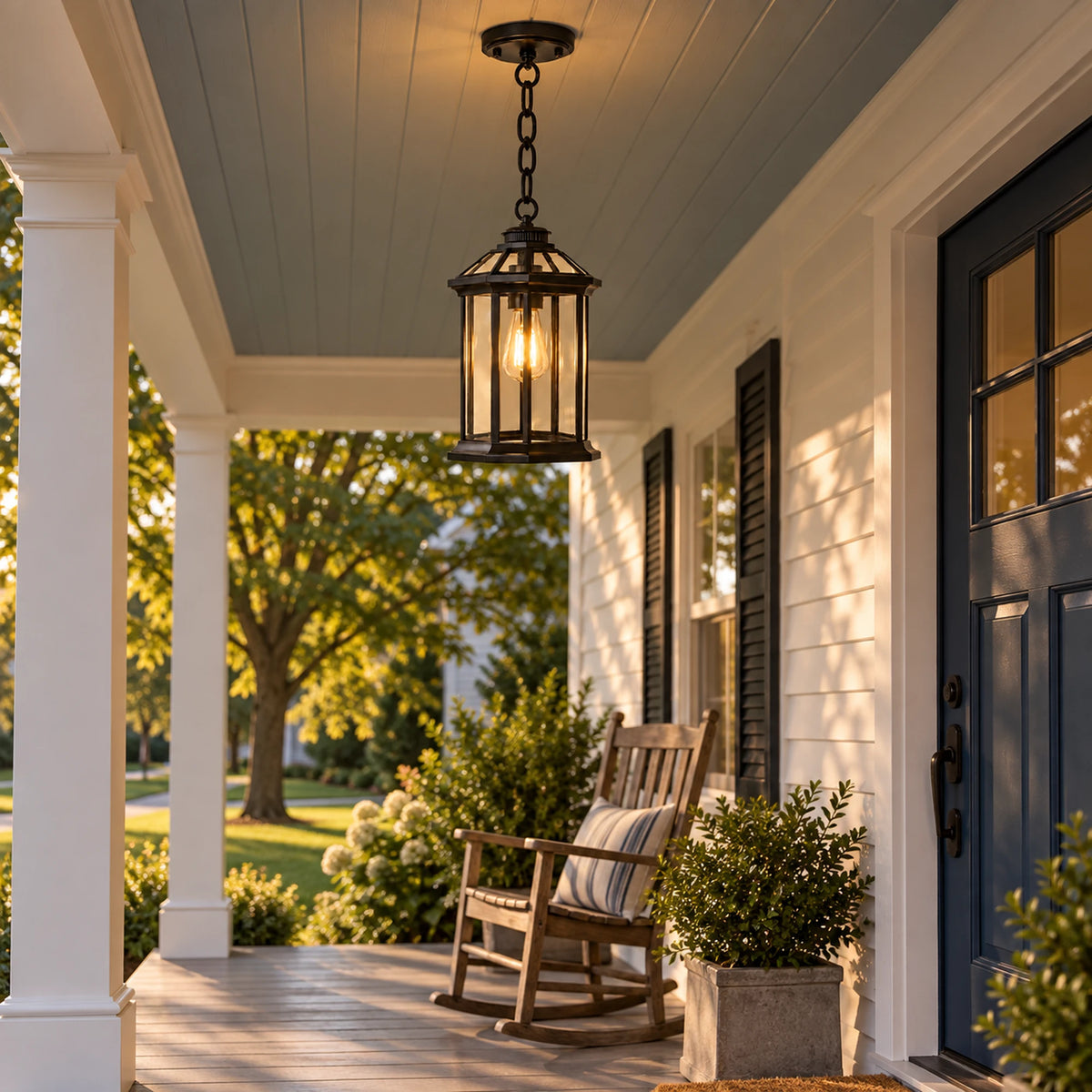 Portiva | Classic Outdoor Hanging Pendant Lantern with Clear Glass, Sandblasted Black Finish & IP65 Protection